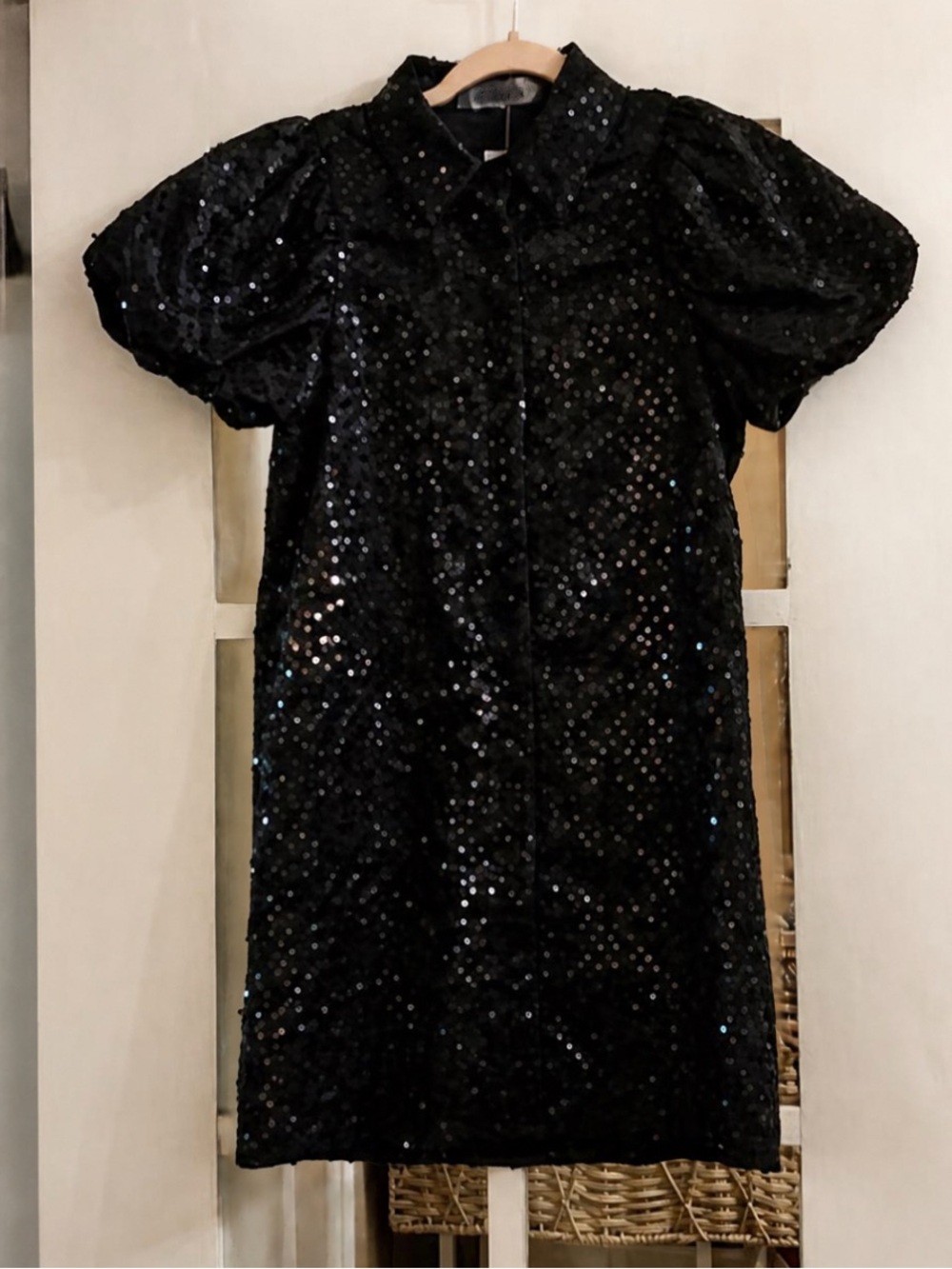 NWT Black Sequin Puff Sleeve Mini Dress